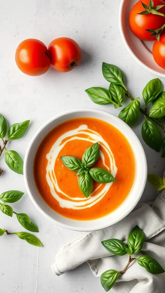 A bowl of Mediterranean Tomato Basil Soup garnished with basil leaves, surrounded by fresh tomatoes and basil.