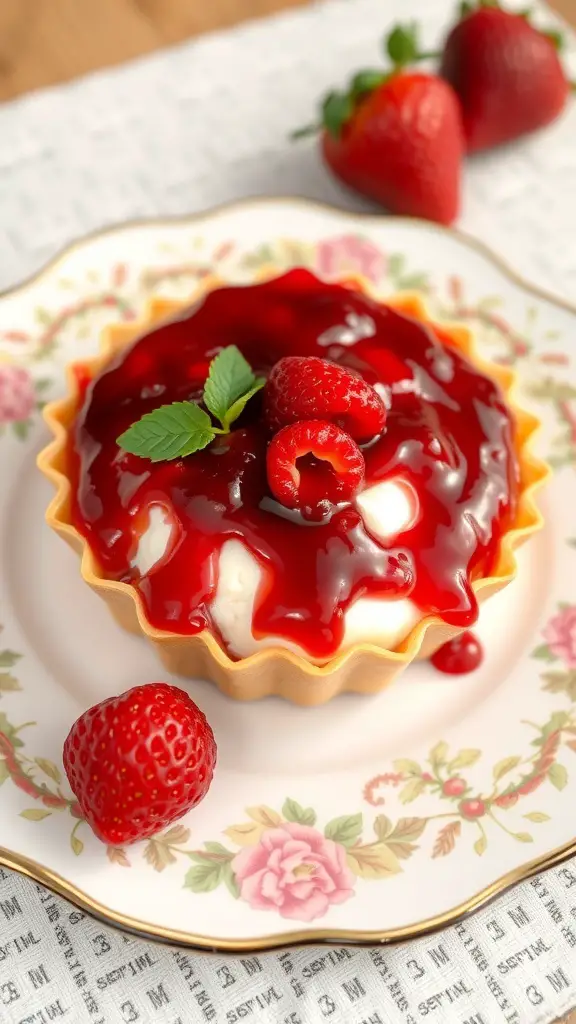 A cottage cheese tart topped with strawberry jam and fresh strawberries on a floral plate.