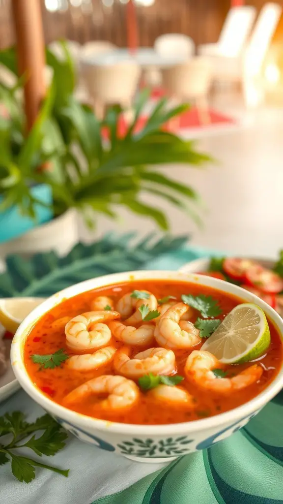 A bowl of spicy shrimp soup garnished with lime and cilantro, set against a bright background.