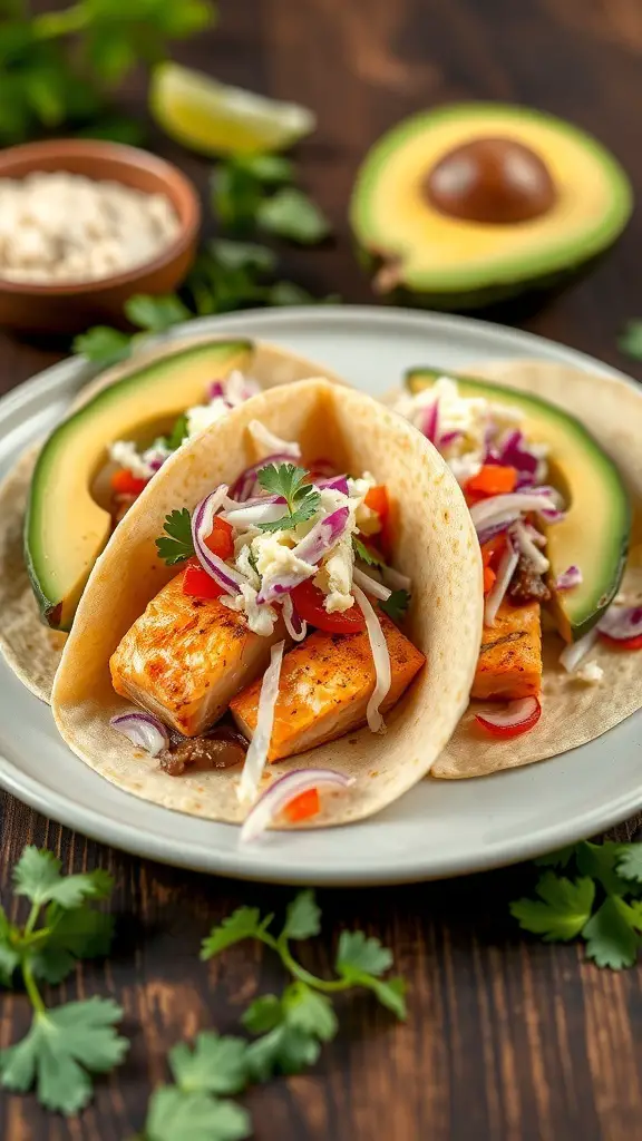 Mediterranean salmon tacos with fresh toppings and avocado