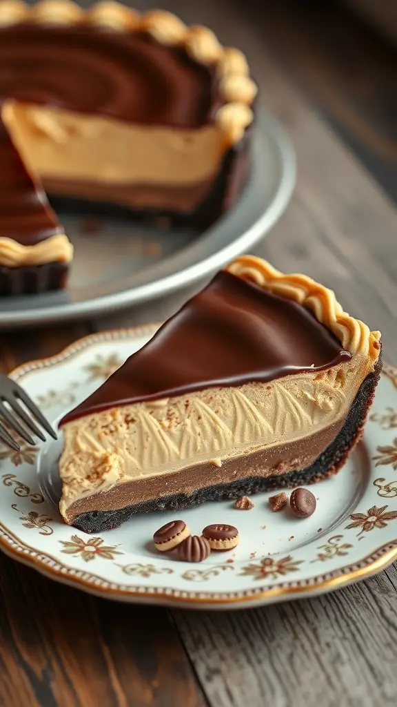 A slice of Chocolate Peanut Butter Pie on a decorative plate, showing layers of chocolate crust and peanut butter filling, topped with chocolate ganache.