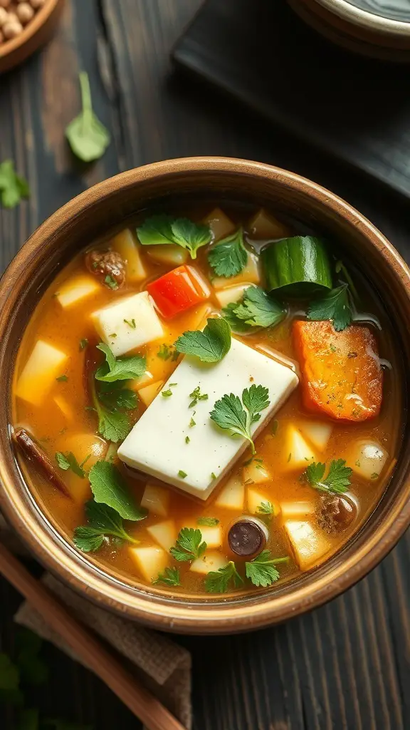 A bowl of herbal tofu soup with tofu, vegetables, and herbs.