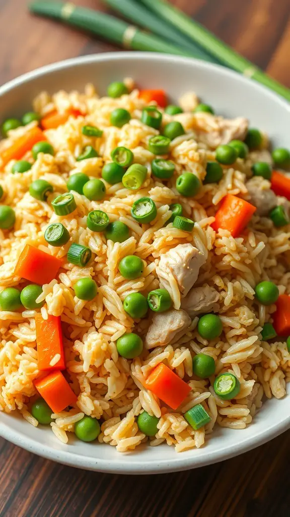 A bowl of chicken fried rice with peas and carrots