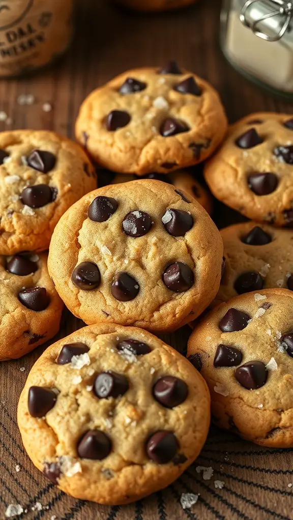 A close-up of chocolate chip cookies topped with sea salt on a wooden surface.