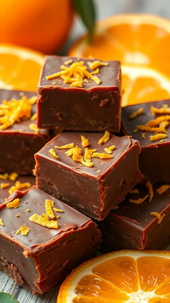 Chocolate orange fudge squares topped with orange zest, surrounded by fresh oranges.