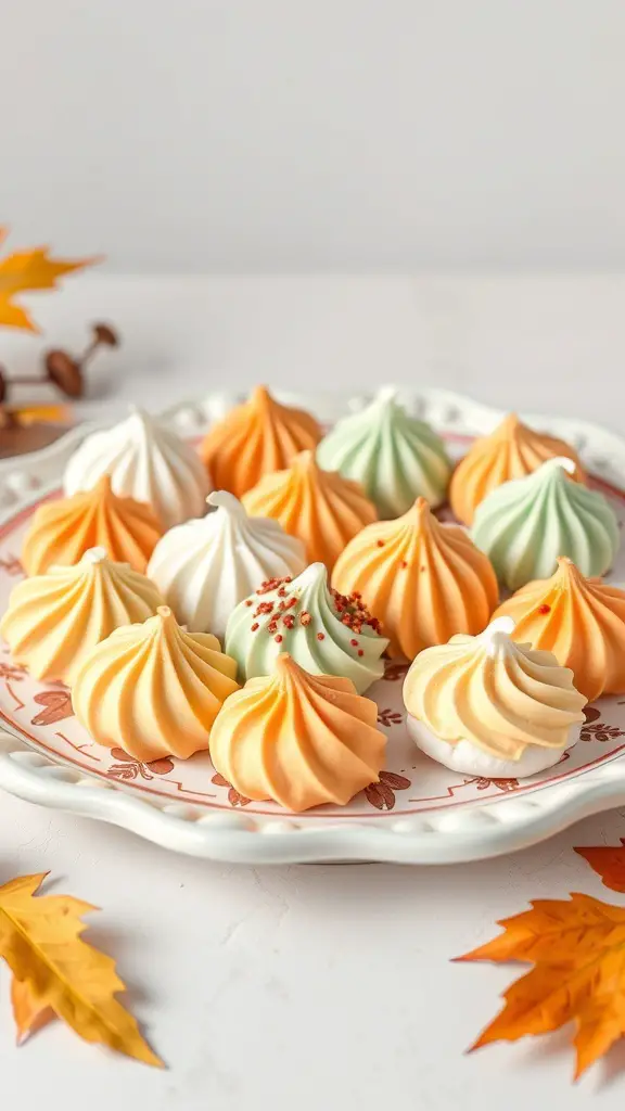 A plate of colorful Thanksgiving meringue kisses in orange, green, and white.