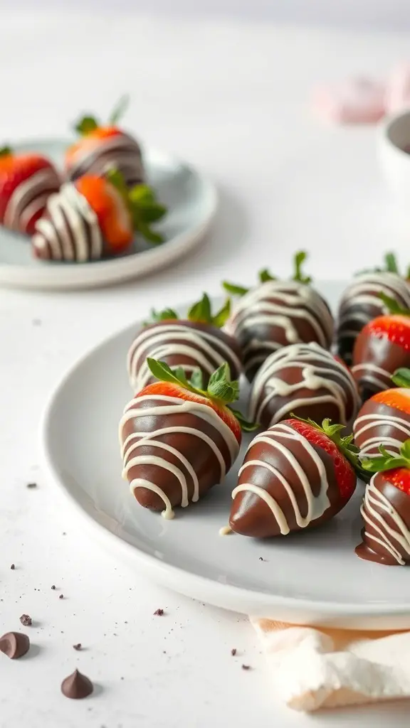 A plate of chocolate-covered strawberries drizzled with white chocolate.