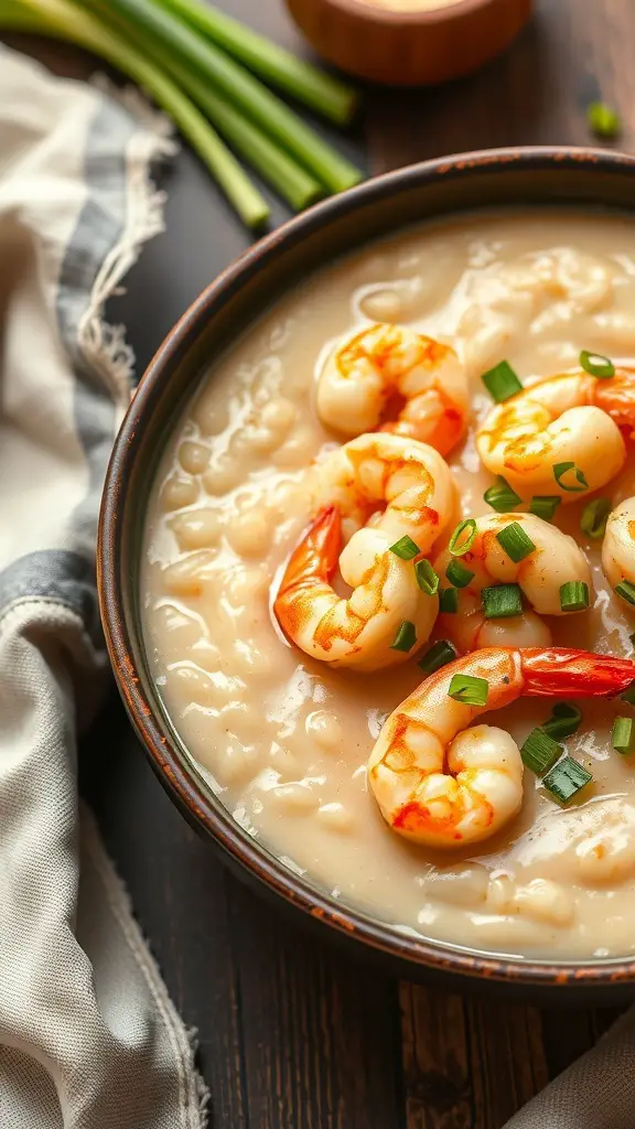 A bowl of shrimp and grits topped with shrimp and green onions