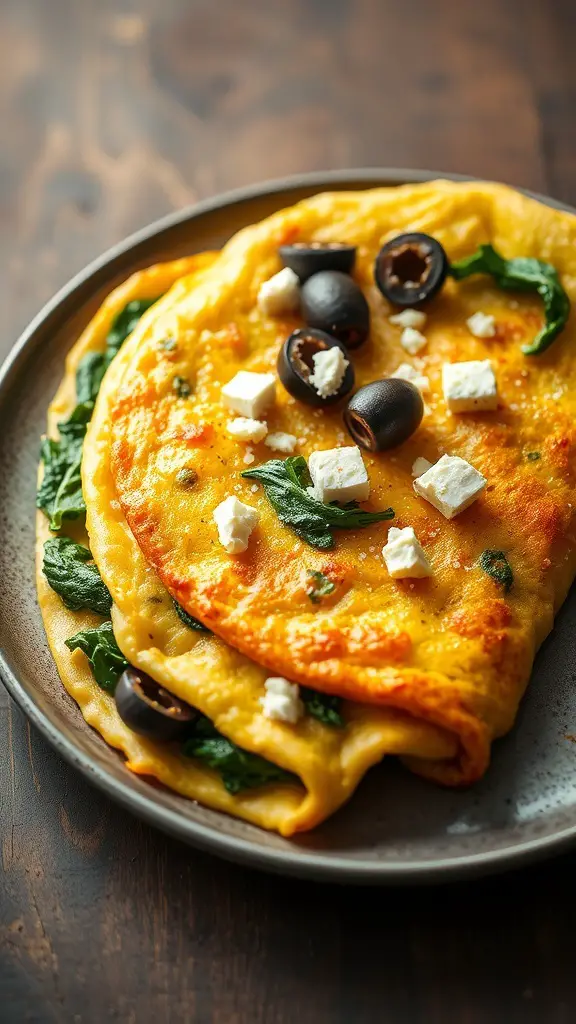 A delicious Mediterranean omelette with spinach, olives, and feta cheese on a plate.