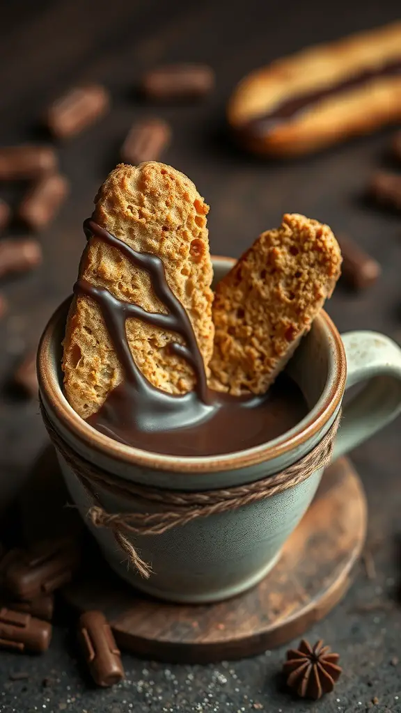 Chocolate dipped biscotti in a mug with chocolate pieces scattered around