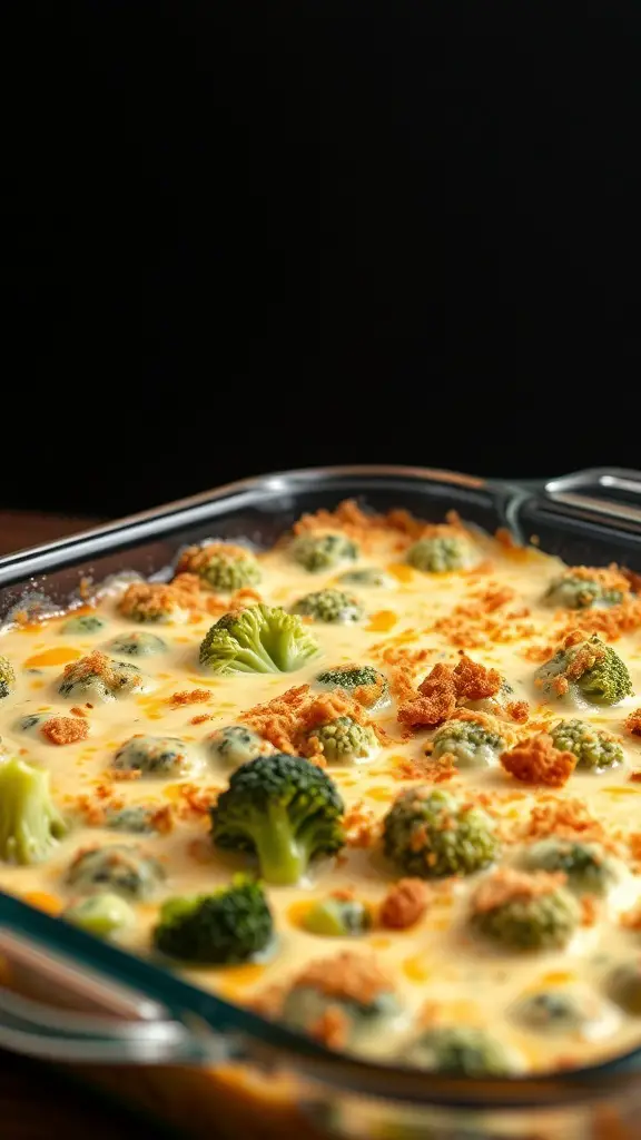 A creamy broccoli and cheese casserole with a crispy topping, showcasing vibrant green broccoli florets.