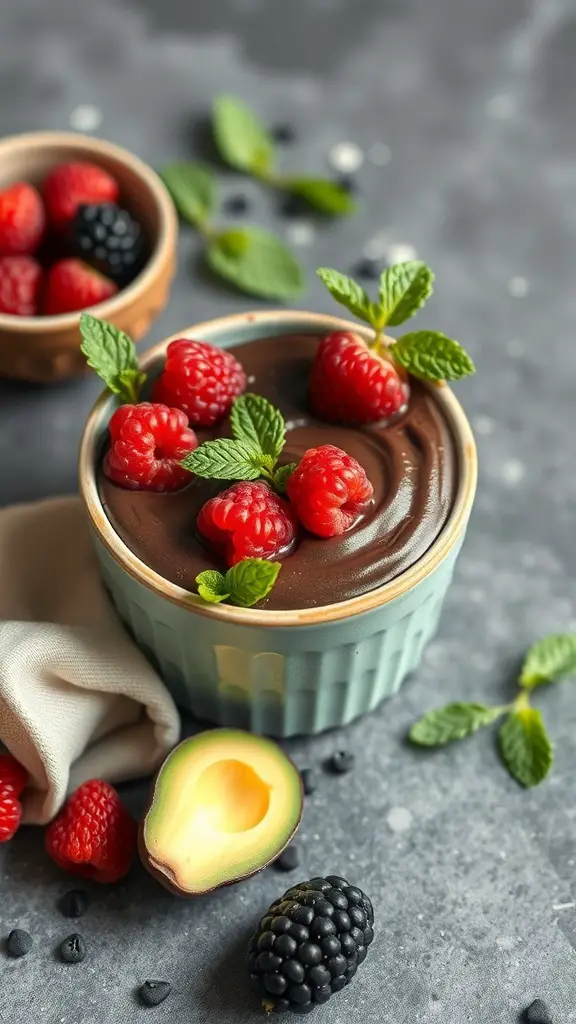 A bowl of dark chocolate avocado mousse topped with raspberries and mint leaves, with fresh berries and an avocado half beside it.