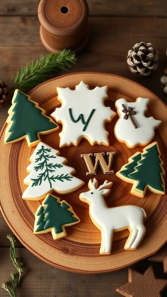 A collection of rustic woodsy designed sugar cookies on a wooden platter, featuring trees, a deer, and a snowflake.