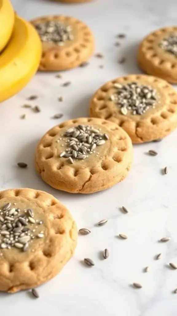 Banana chia seed cookies with sunflower seeds on top