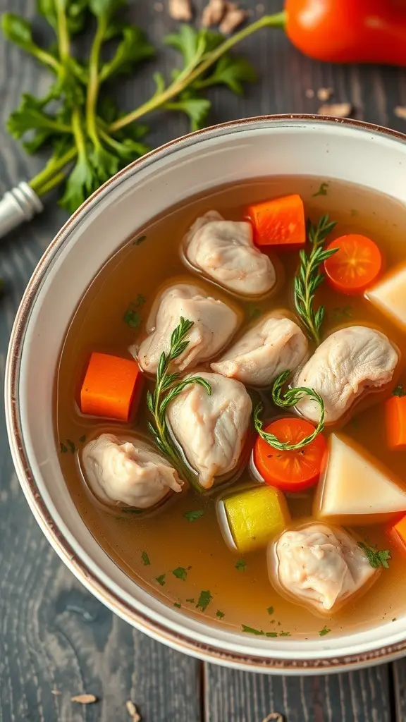 A bowl of chicken broth with dumplings and colorful vegetables.