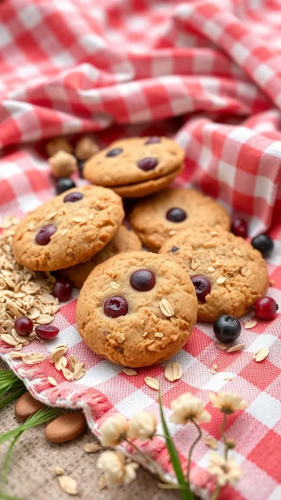 A plate of banana muesli cookies with oats and berries on a checkered cloth