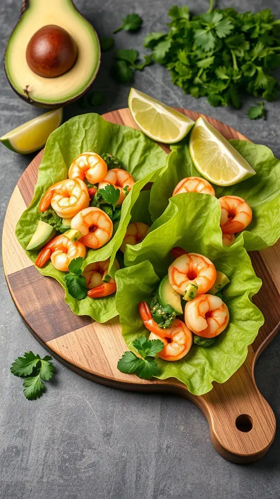 Shrimp and avocado lettuce wraps on a wooden board with lime and cilantro