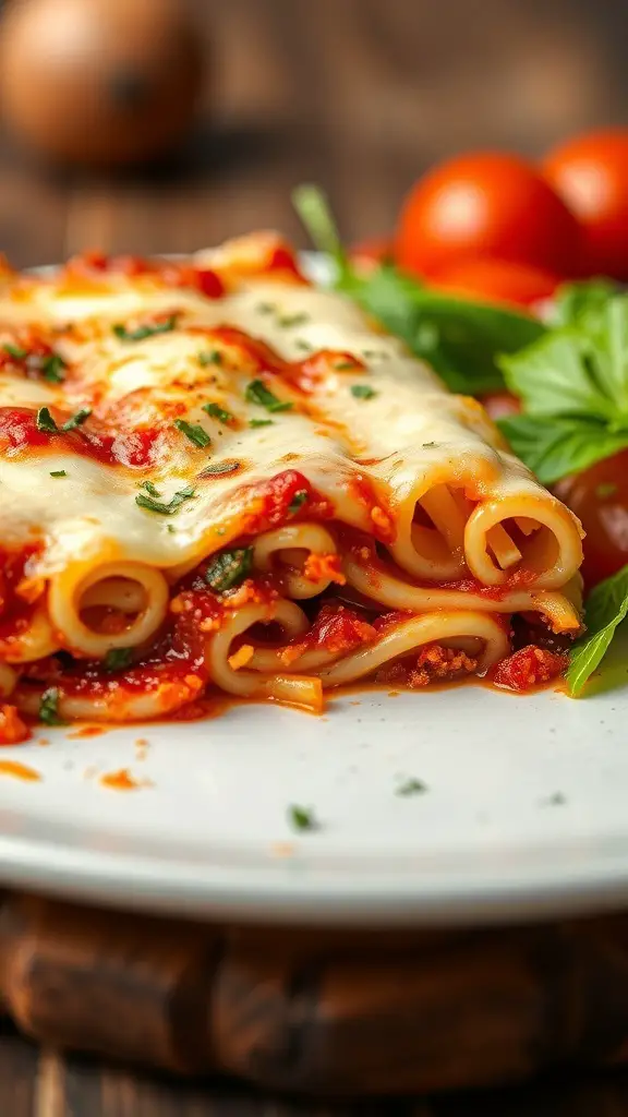A close-up of a cheesy Italian pasta bake with marinara sauce, garnished with herbs, on a plate.