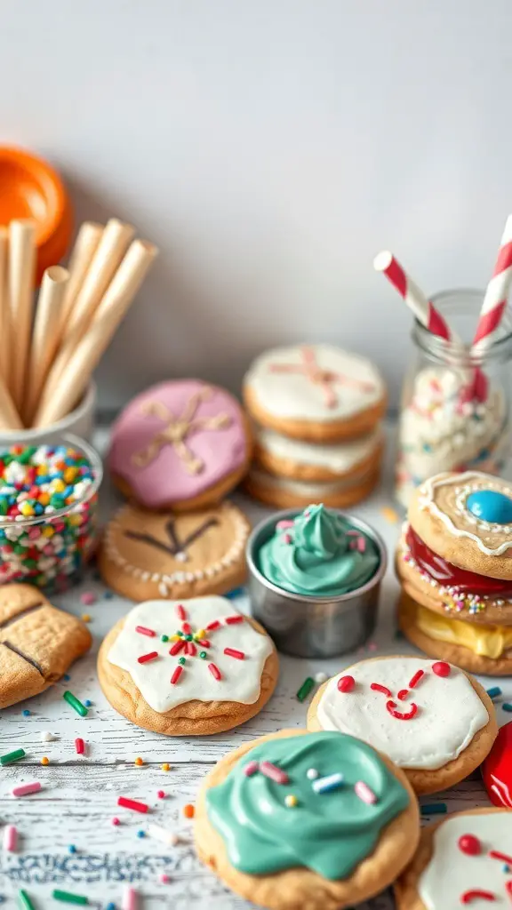 A colorful cookie decorating station with various cookies, icing, and sprinkles.