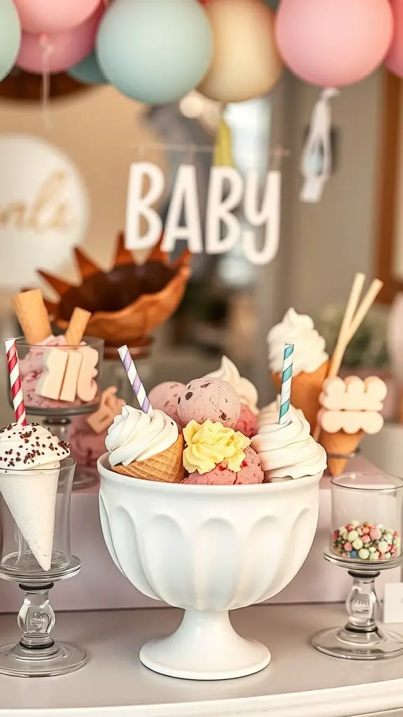 A soft serve ice cream bar with colorful ice cream, cones, and toppings for a baby shower.