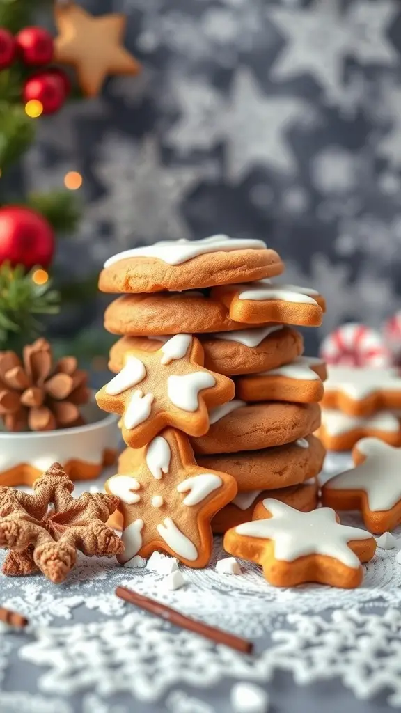 A stack of fluffy gingerbread cookies decorated with white icing, surrounded by festive decorations.