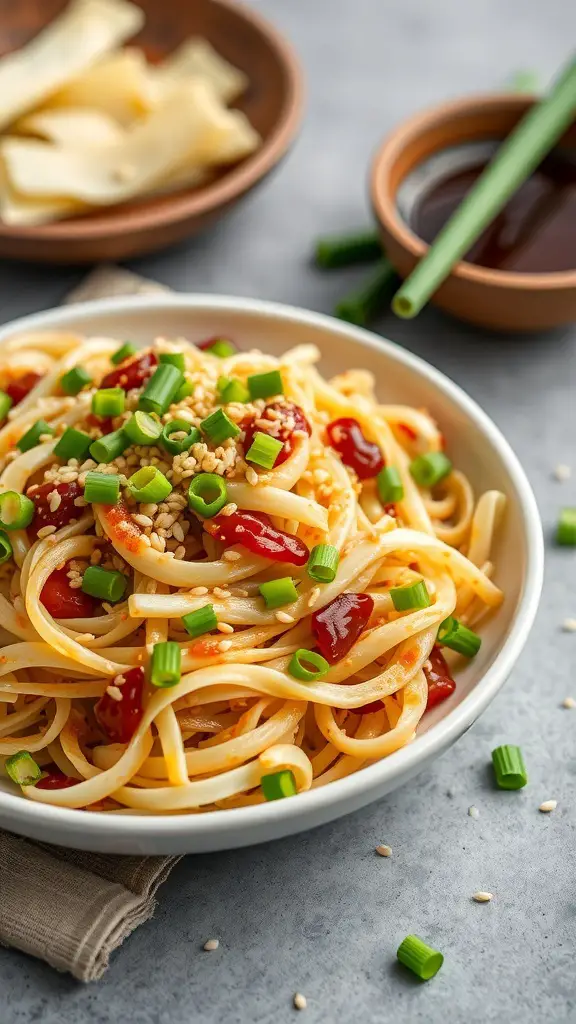 A bowl of Asian-inspired noodles topped with green onions and sesame seeds, with soy sauce and chopsticks in the background.