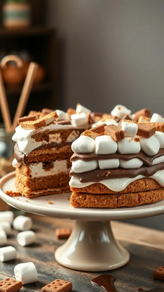 A delicious S'mores No-Bake Cake with layers of graham crackers, marshmallow cream, and chocolate ganache, topped with mini marshmallows.