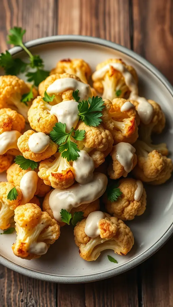 A plate of roasted cauliflower topped with tahini sauce and garnished with fresh herbs.