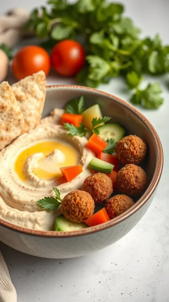 A Falafel and Hummus Bowl with falafel balls, hummus, diced vegetables, and pita bread.
