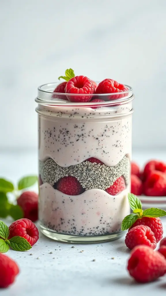 A jar of raspberry chia seed pudding with fresh raspberries on top, surrounded by more raspberries and mint leaves.