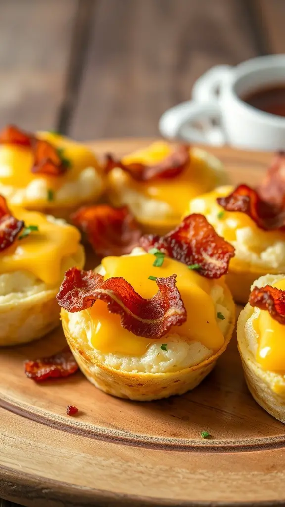 Egg muffins topped with cheese and bacon on a wooden platter