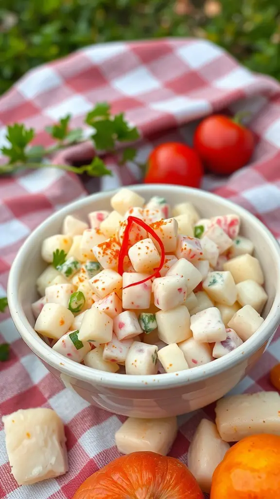 A bowl of classic Southern potato salad garnished with herbs, on a checkered cloth.