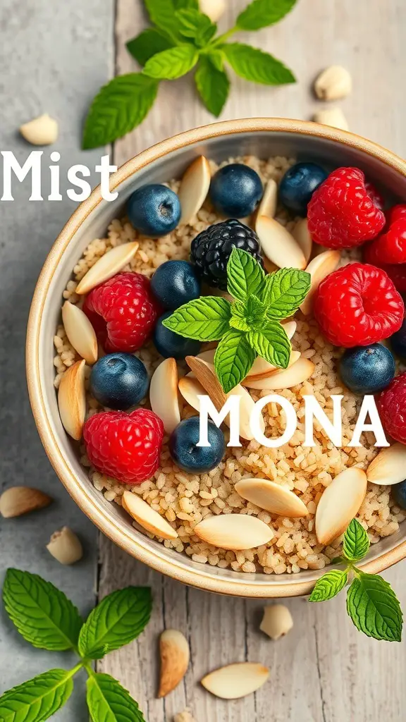 A quinoa breakfast bowl topped with almonds and fresh berries, garnished with mint leaves.