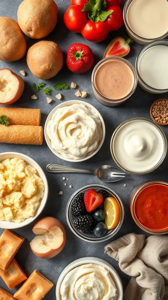 An assortment of soft foods including mashed potatoes, yogurt, soft fruits, and sauces.