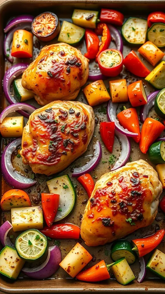 Mediterranean chicken with roasted vegetables on a sheet pan