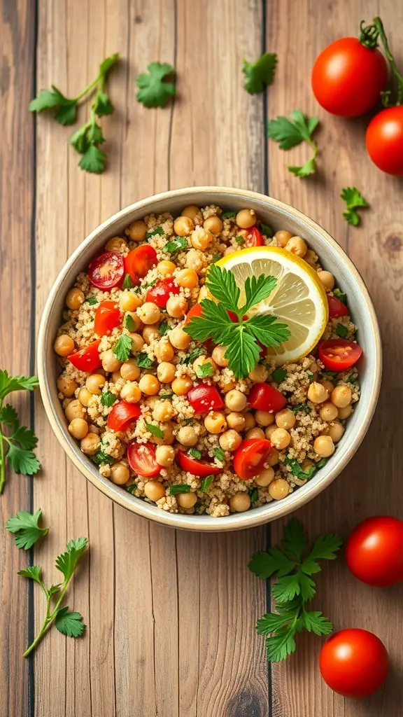 A quinoa tabbouleh bowl with chickpeas, cherry tomatoes, and lemon on a wooden table.