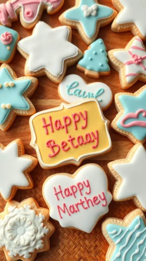 An assortment of decorated birthday cookies with messages and colorful icing.