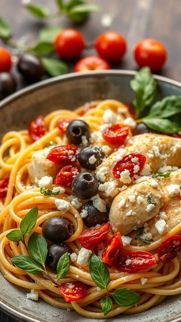 A bowl of Mediterranean Chicken Pasta with cherry tomatoes, olives, and basil.