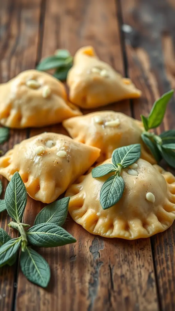 Sweet potato and sage perogies arranged on a wooden surface with fresh sage leaves.