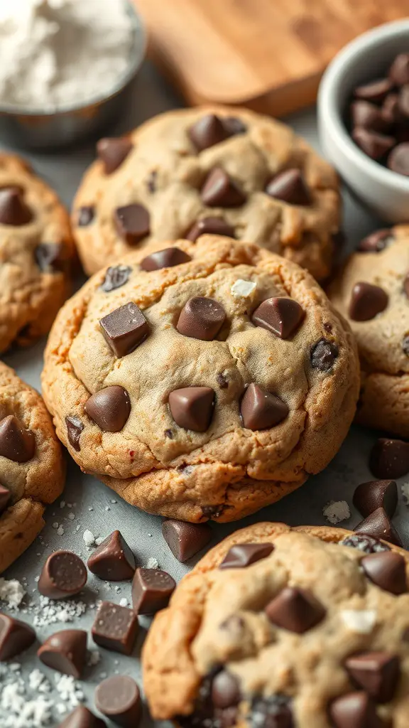 A close-up of chewy chocolate chunk cookies with chocolate chips scattered around.