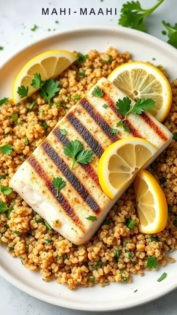 Grilled mahi-mahi on a bed of herbed quinoa with lemon slices and parsley.