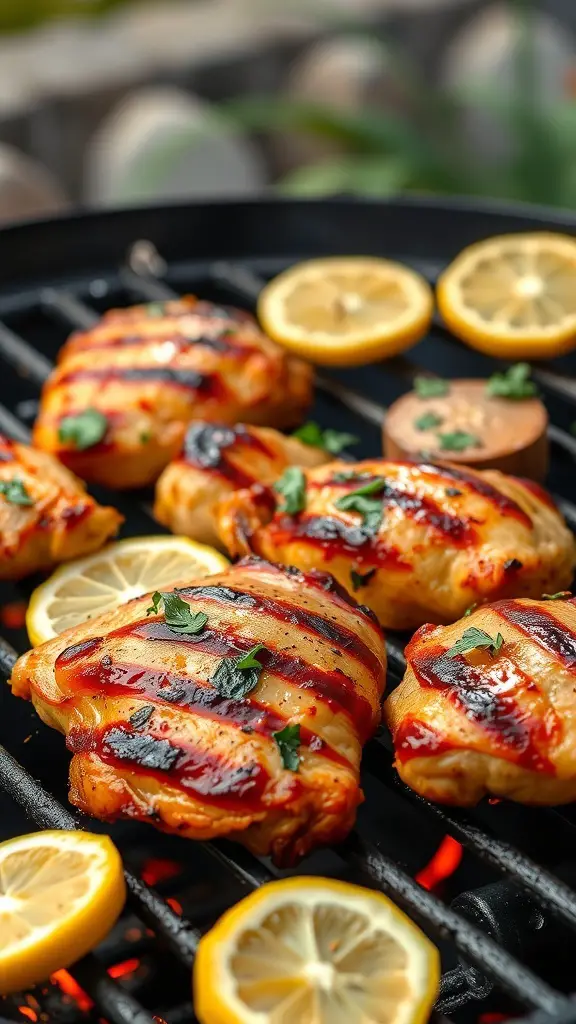 Grilled chicken thighs with lemon slices on a grill