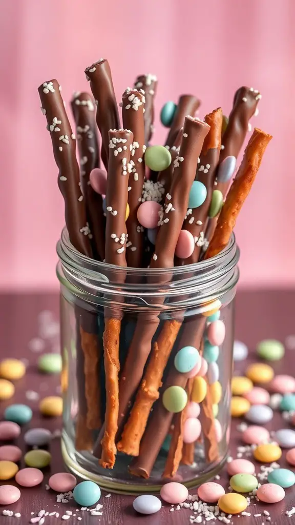 A jar filled with chocolate-dipped pretzel rods, decorated with colorful candies and sprinkles.