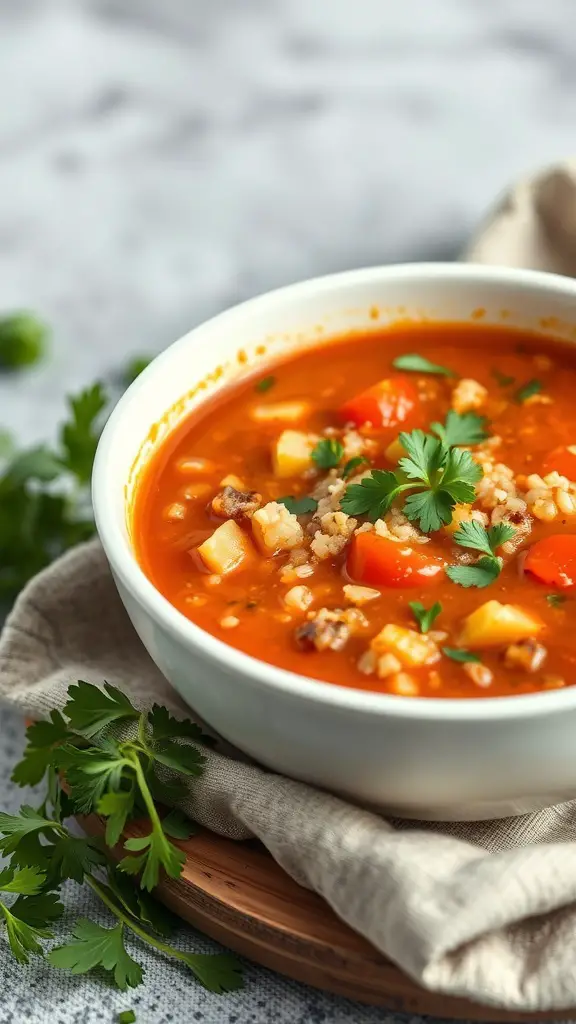 A bowl of bulgur and tomato soup garnished with parsley, served on a wooden plate with fresh herbs beside it.
