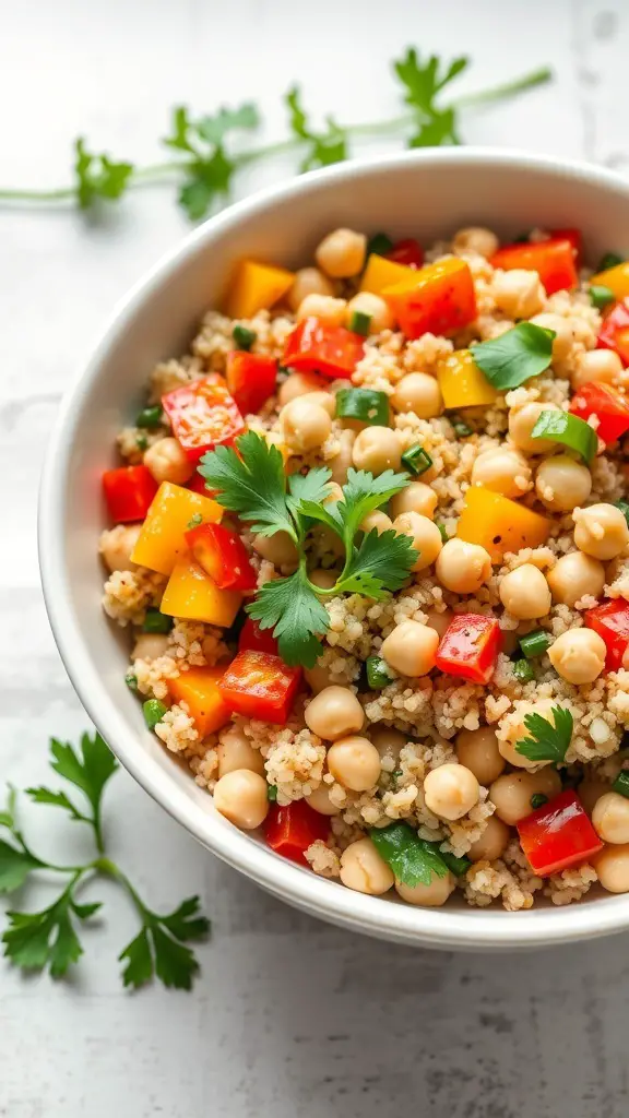 A bowl of Mediterranean quinoa salad with chickpeas, bell peppers, and fresh herbs.