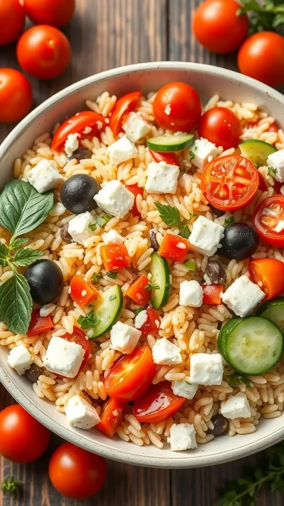 A bowl of Mediterranean Orzo Salad with cherry tomatoes, cucumbers, olives, and feta cheese.