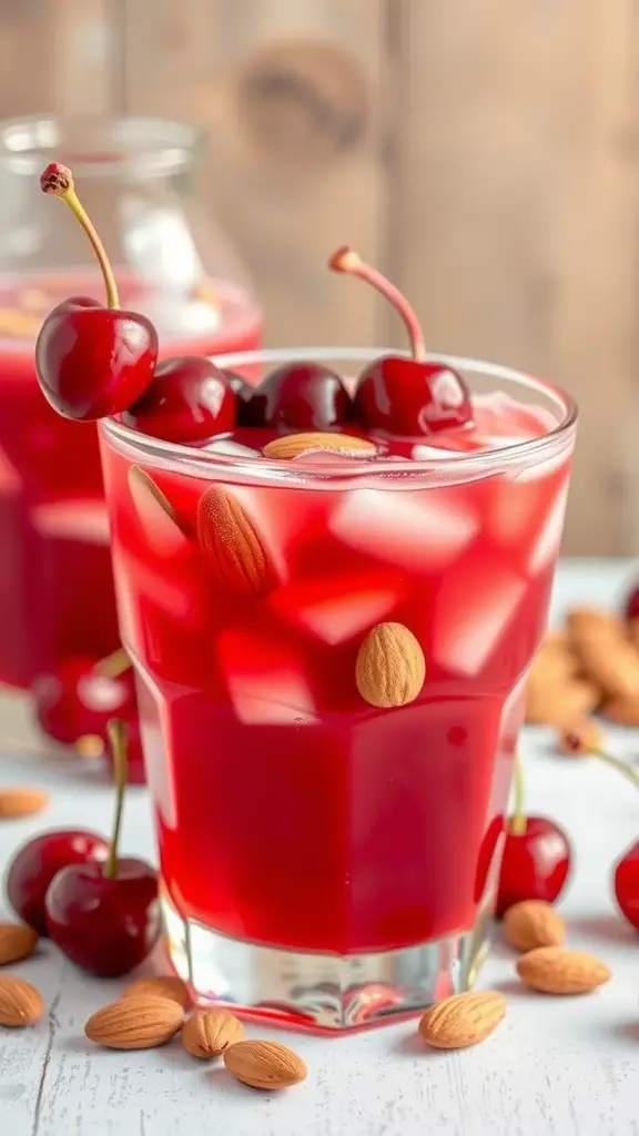 A refreshing glass of Cherry Almond Holiday Punch with cherries and almonds garnishing the drink.