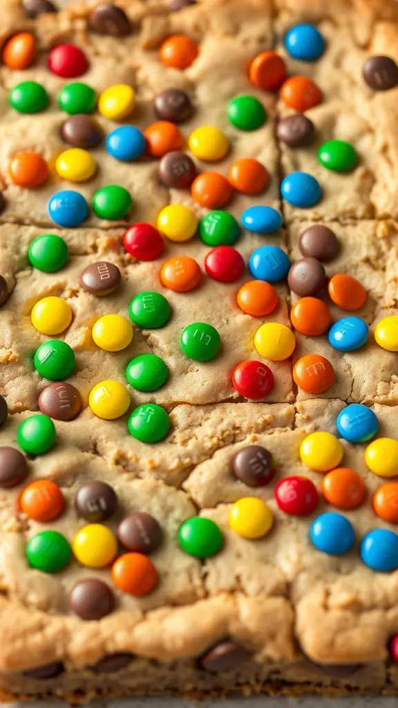 M&M cookie bars topped with colorful candies