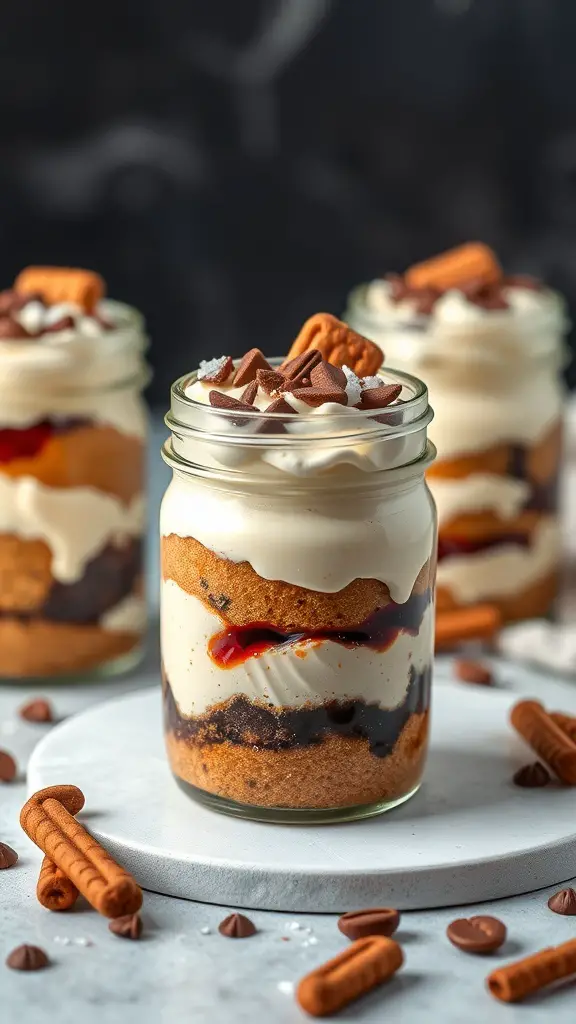Three jars of tiramisu layered with ladyfingers, mascarpone, and topped with chocolate.