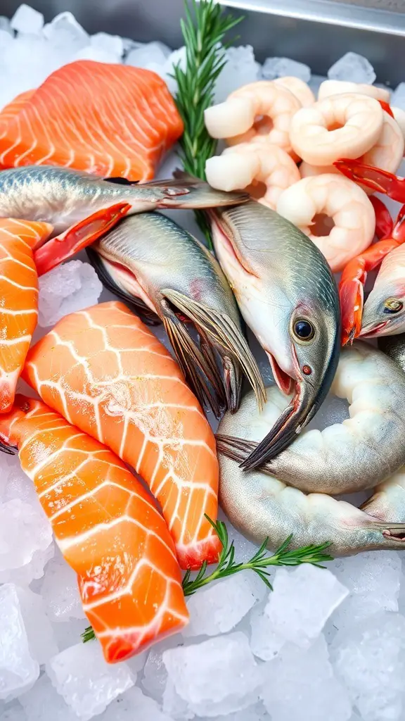 A variety of seafood including salmon, shrimp, and fish on ice.